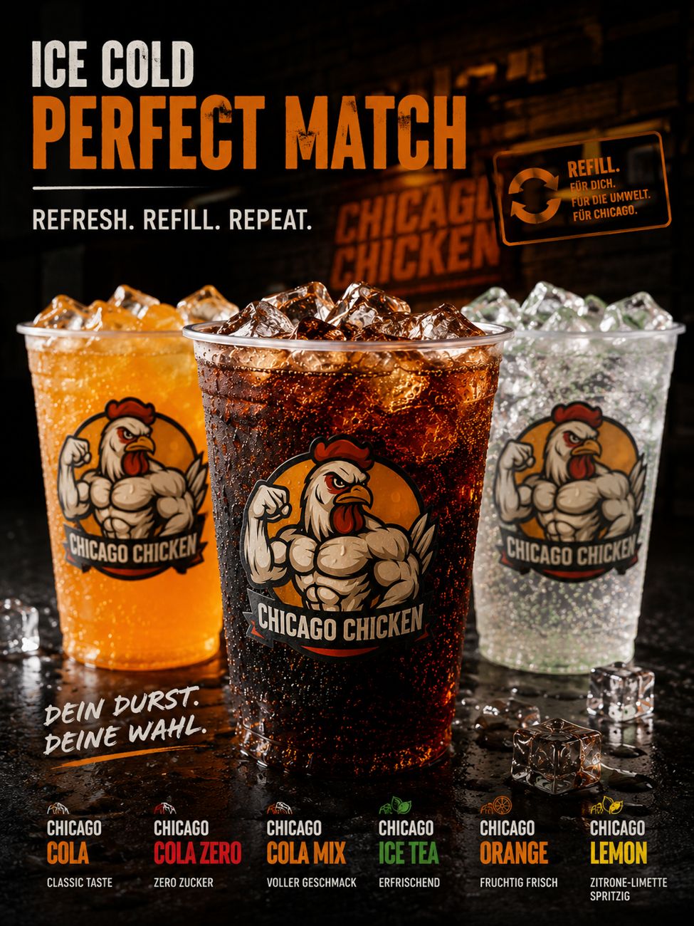 Chicago Cola, Orange und Lemon im Becher mit Eis