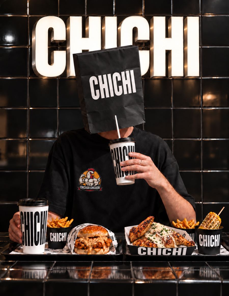 Person mit CHICHI-Tüte auf dem Kopf