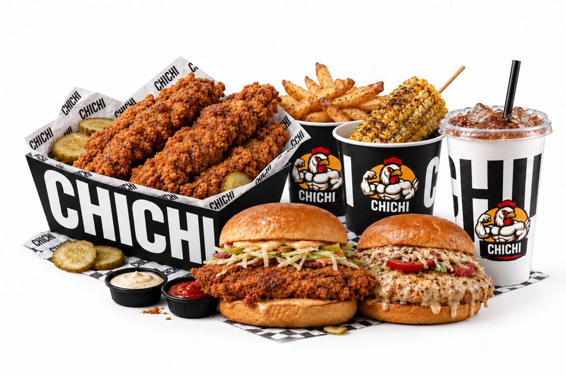 Menü mit Tenders, Burgern, Pommes, Maiskolben und Cola