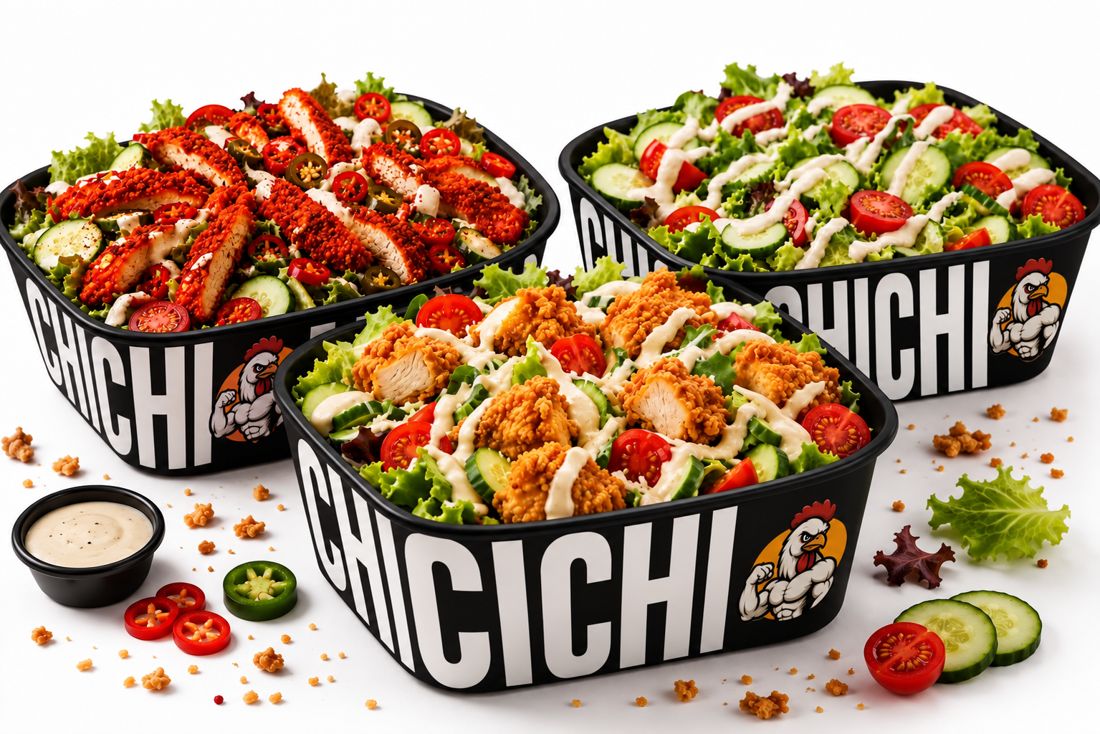 Drei Salat-Bowls mit Chicken